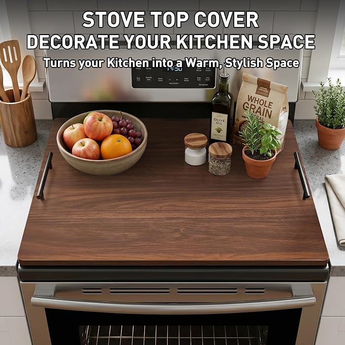 Noodle Board Stove Cover with Handles, Stove Top Covers for Gas Burners and Electric Stove, Wood Stove Cover Board Decorative Serving Tray Kitchen Sink Cover for Counter Space (Walnut)