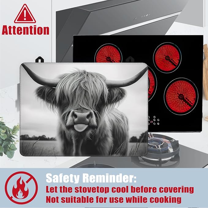 Stove Top Covers for Electric Stove,Highland Cow Flat Top Stove Cover,Rustic Farmhouse Heat Resistant Glass Top Stove Cover Protector Anti-Slip Range Covers, 28 x 20 Inch