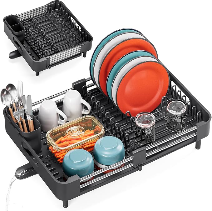TOOLF Expandable Dish Drying Rack with Cutlery Holder, Standard, Black | Stainless Steel &PP, Extenable 12.6"-18.7"D, Anti-Rust, Auto-Drainage, Space-Saving, Fit for RV, Apartment Sink Countertop