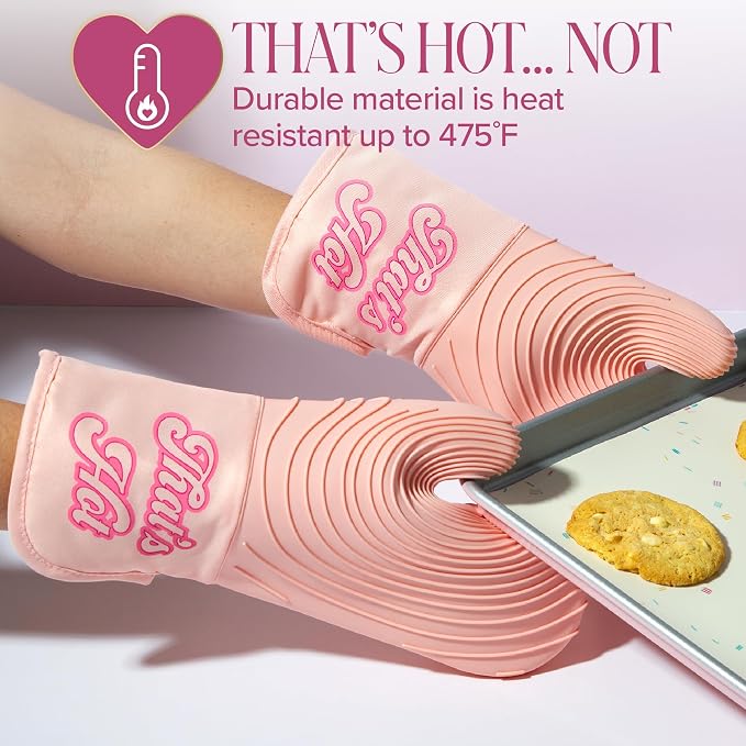 Paris Hilton Oven Mitt Set with Iconic That's HOT Design, Heat Resistant Pot Holders Featuring Non-Slip Textured Silicone Grips, 2-Piece Set, Pink