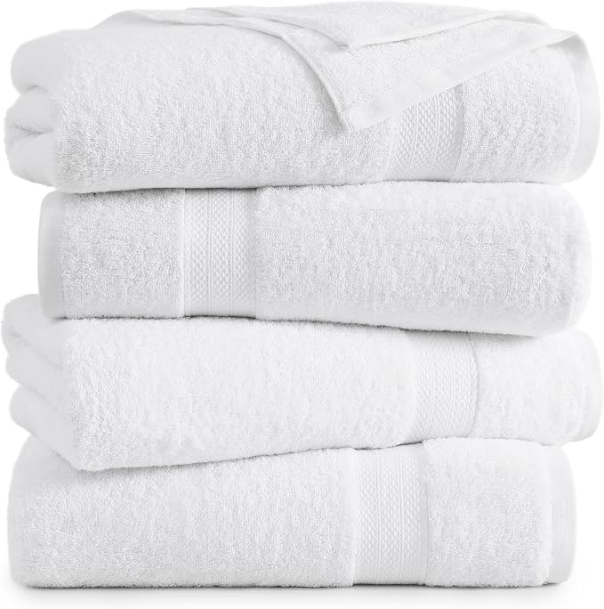 LANE LINEN Large Bath Towel Set Absorbent Quick Dry 100% Cotton - White | Bath Towels Set Of 4 - Fade-Resistant Color, Classic Terry Weave, Densely Woven, Coordinated Colors, Dobby Border Accent