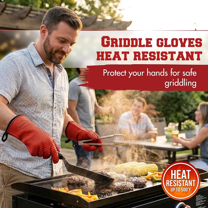 KITCHEN PERFECTION Silicone Griddle Grill Gloves Heat Resistant Oven Mitts | Waterproof, 5-Finger Design For A Better Grip, Best Griddle Grilling Accessories, Compatible with Blackstone, Weber & More
