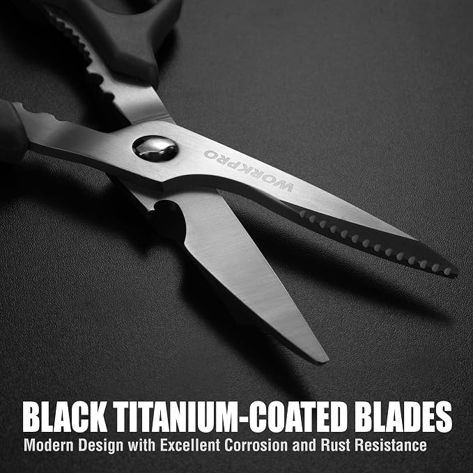 WORKPRO Kitchen Scissors, All Purpose Kitchen Shears Titanium Coated | Detachable Stainless Steel Blades, for Easy Cleaning, Heavy Duty for Meat, Fish, Nuts, Vegetables, Protective Cover Included