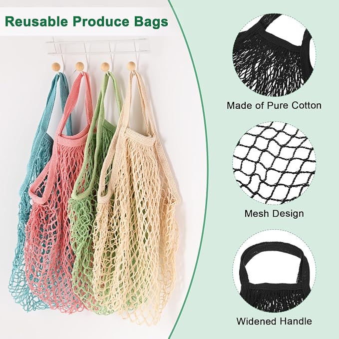 M METERXITY 1-Pack Cotton Mesh Bag, Reusable Washable Mesh Net String Grocery Bags, Reusable Produce Bags with Handle, Net Tote Bag for Fruits/Vegetables Shopping [Black, Short Handle]