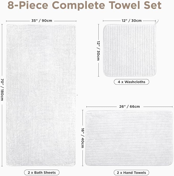 8 Piece Bath Towels Set, 2 Oversized 35 * 70 in Bath, 2 Hand, 4 Wash | Luxury Soft Microfiber, Super Absorbent Thick, Quick Dry, Shower Towels for Bathroom, Spa & Hotel, White