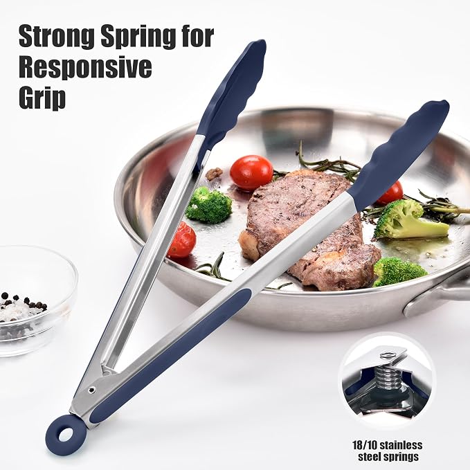 Doosu Kitchen Tongs with Silicone Tips for Cooking Serving (12in, Navy) | 600°F Heat Resistant Food Tong, Heavy Duty Stainless Steel Locking Tong for BBQ, Grilling Steak, Salad, Toast, Pasta