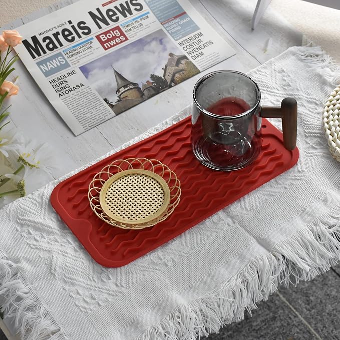 Silicone Dish Drying Mat, Non-Slip Easy Clean Sink Mat, Red, 12" x 6" | Quick-Dry Ridges, Large Heat-resistant Dish Drainer Mat for Kitchen Counter, Hangable & Roll-Up for Storage, Dishwasher Safe