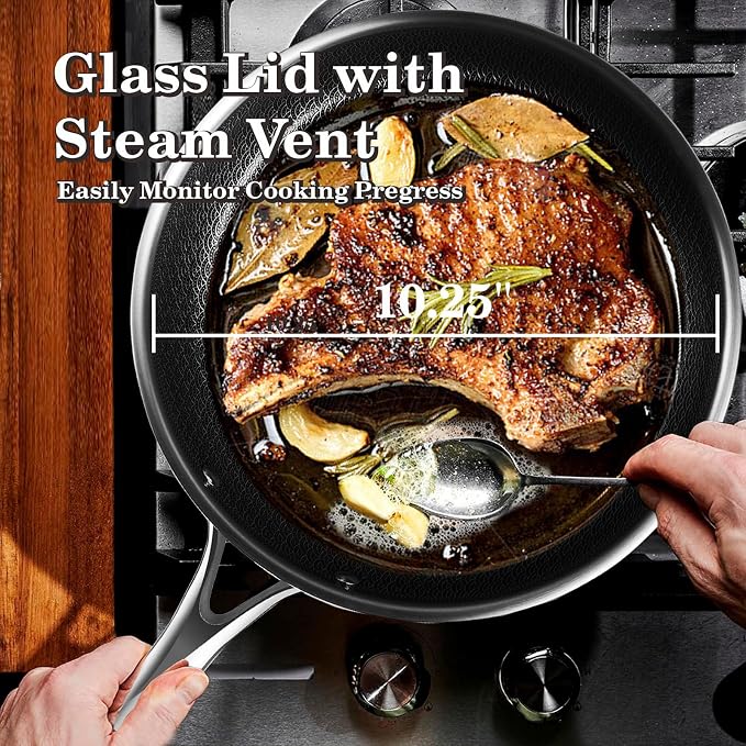 Woks & Stir-fry Pans Nonstick-Hybrid Tri-Ply Stainless Steel Wok10" Nonstick Skillet with Lid,Wave Etch Textured Interior,Dishwasher Safe & Oven Safe PTFE & PFOA FREE Kitchen Cookware for All Cooktops