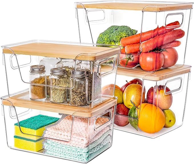 2 Large and 2 Small Pantry Organizers and Storage with Bamboo Lids, Stackable Clear Bins for Onion, Potato, Fruit, Vegetables, Trash Bag Dispenser, Kitchen and Under Sink Organizer