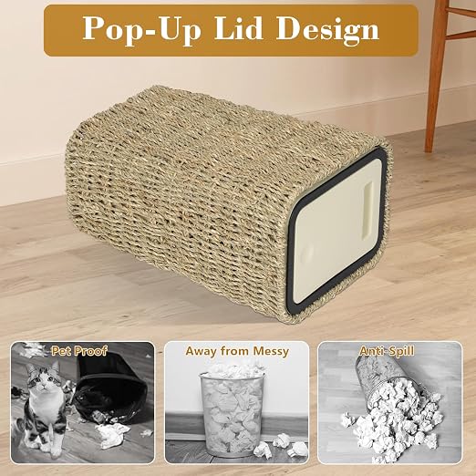 Trongee Boho Trash Can with Lid,3 Gallon Small Rattan Trash Can with Press Top Lid,Slim Wicker Waste Basket and Hamper 2 in 1 for Bathroom,Seagrass Woven Garbage Can Trash Basket for Bathroom,Kitchen