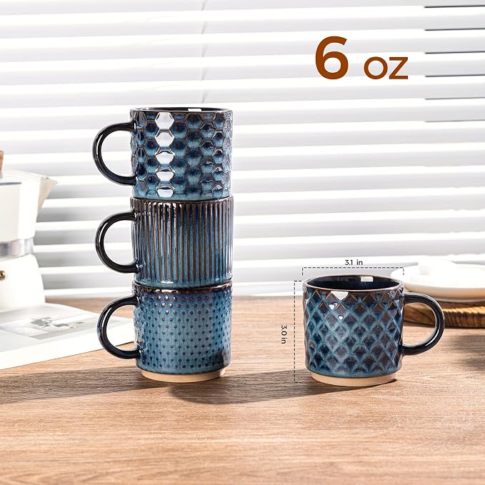 GBhome 6 OZ Stackable Coffee Mugs Set of 4, Ceramic Coffee Cups Set | 4 Assorted Designs, Embossed Mugs with Texture Patterns for Espresso/Tea, Dishwasher&Microwave Safe, Deep Sea