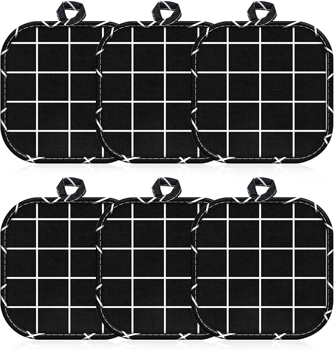 4pcs Pot Holders for Kitchen, Cotton Kitchen Hot Pads, Heat Resistant Oven Mitts and Pot Holders Sets (Black Grid,6)