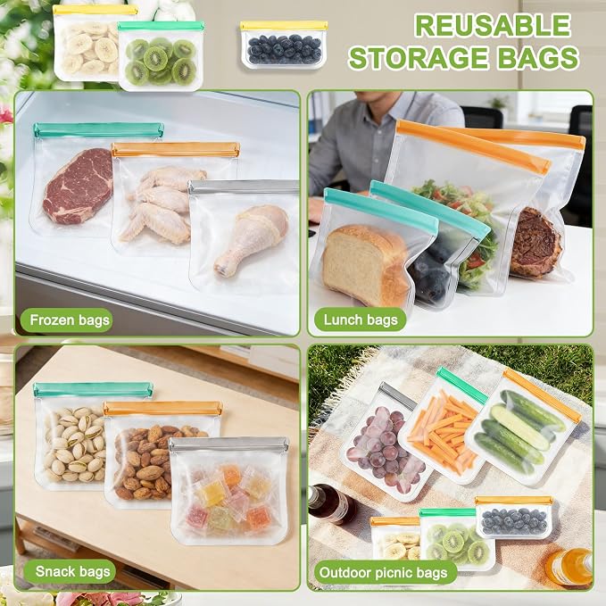 24 Pack Silicone Bags for Food Storage,Reusable Silicone Food Storage Bags,Freezer& Dishwasher Safe,Reusable Freezer Food Bags,Silicone Baggies, Leakproof-8 Gallon 8 Snack 8 Sandwich Bags,Grey