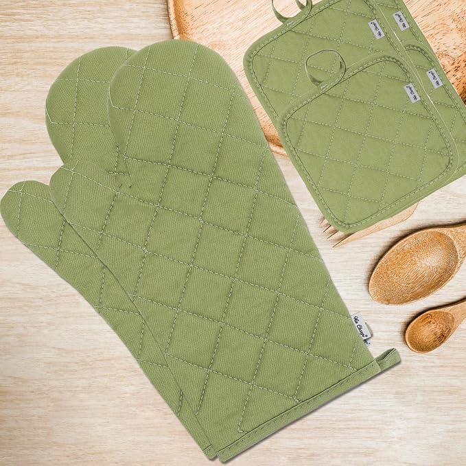 Oven Mitts and Pot Holders Sets,6 Pcs Oven Mitts and Potholders with Recycled Cotton High Heat Resistant Extra Thick Long Oven Mitts for Cooking(Green)