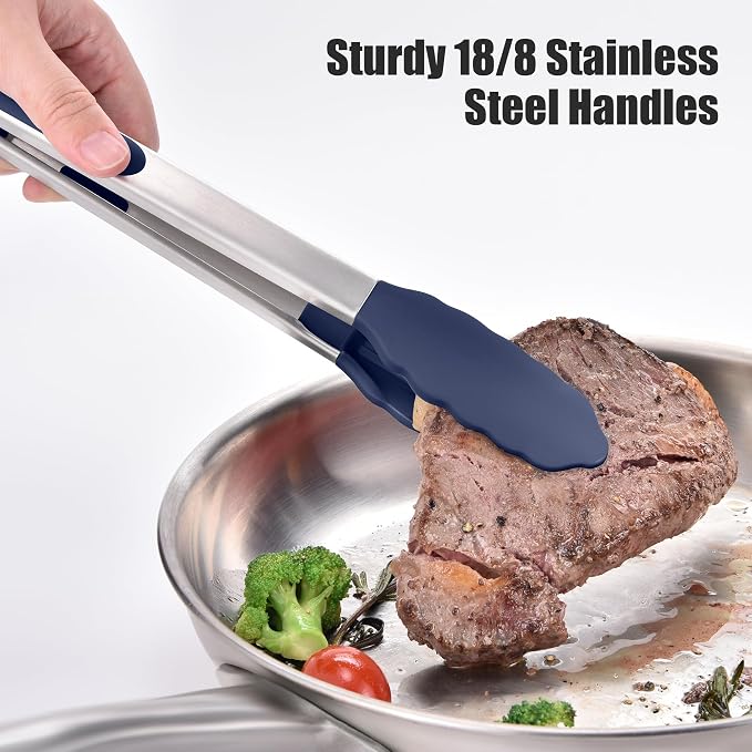 Doosu Kitchen Tongs with Silicone Tips for Cooking Serving (3Pcs, Navy) | 600°F Heat Resistant Food Tong, Heavy Duty Stainless Steel Locking Tong for BBQ, Grilling Steak, Salad, Toast, Pasta