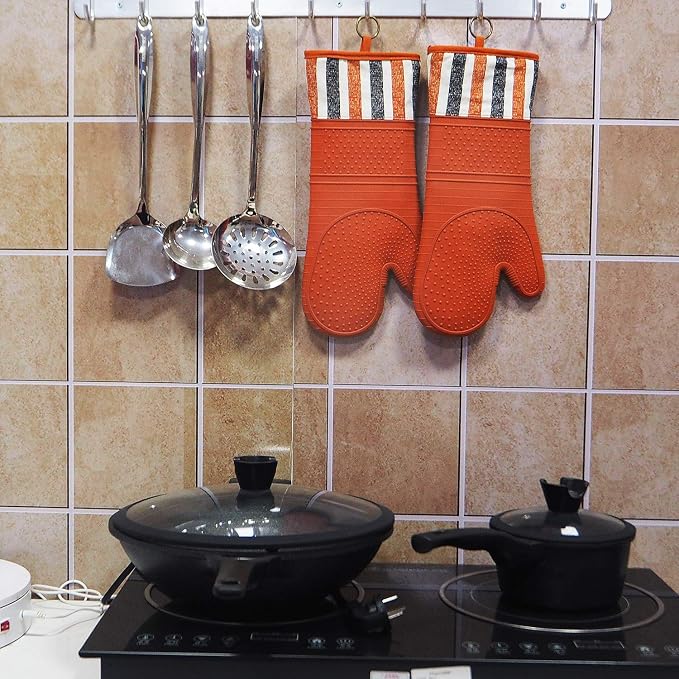 Heat Resistant 550 Degree Oven mitt, Silicone Oven Hot Mitts - 1 Pair | Extra Long Professional Baking Oven Gloves - Food Safe,Pot Holders Cooking,Grilling,Kitchen (Tangerine Mittens)
