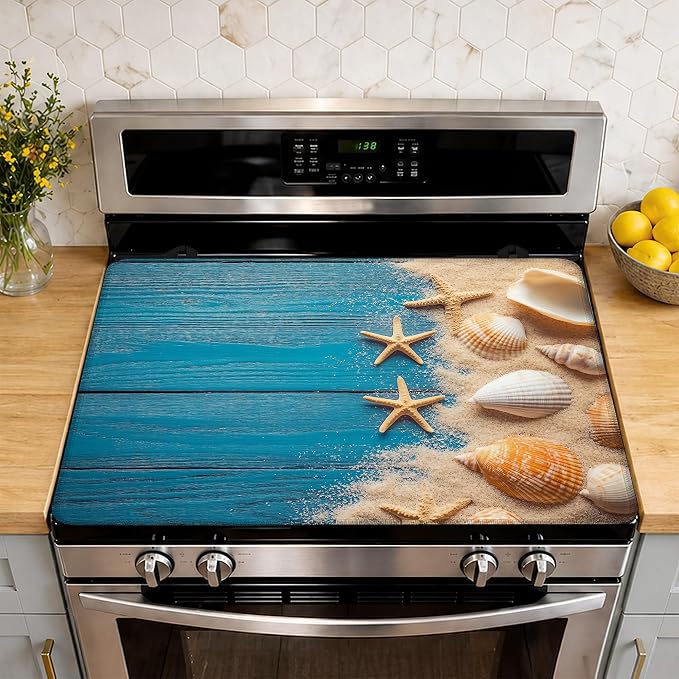 Beach Seashells Starfish Stove Top Cover Glass Cooktop Heat Resistant Cover,Ceramic Stove Top Covers Mat Prevents Scratching Stoves/Counter/Washer Protector,28.5x20.5 in