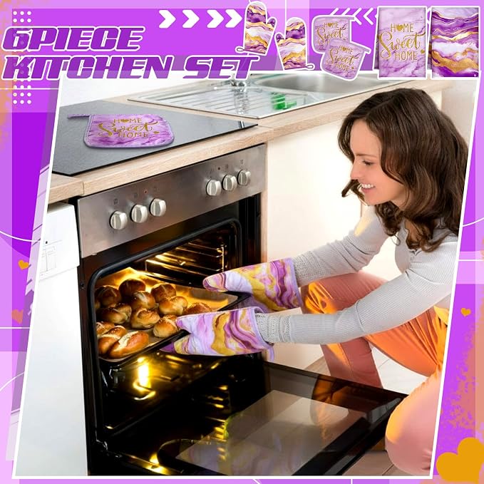 Bencailor 6 Pcs Purple Kitchen Decor Marble Dish Towels Oven Mitts and Pot Holders Modern Purple Marble Kitchen Set for Baking Cooking Grilling Cleaning Supply Accessories