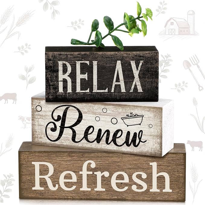 Lineshading 4 Pcs Wooden Farmhouse Block Signs Relax Renew Refresh | Rustic Tiered Tray Decor for Bathroom Shelf, Living Room, Farmhouse Home Decorations, Distressed Wood Finish with Greenery