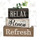 Lineshading 4 Pcs Wooden Farmhouse Block Signs Relax Renew Refresh | Rustic Tiered Tray Decor for Bathroom Shelf, Living Room, Farmhouse Home Decorations, Distressed Wood Finish with Greenery