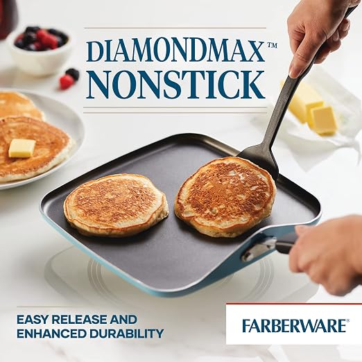 Farberware Cookstart DiamondMax Nonstick Square Grill Pan/Griddle, Dishwasher Safe, 11 Inch - Aqua