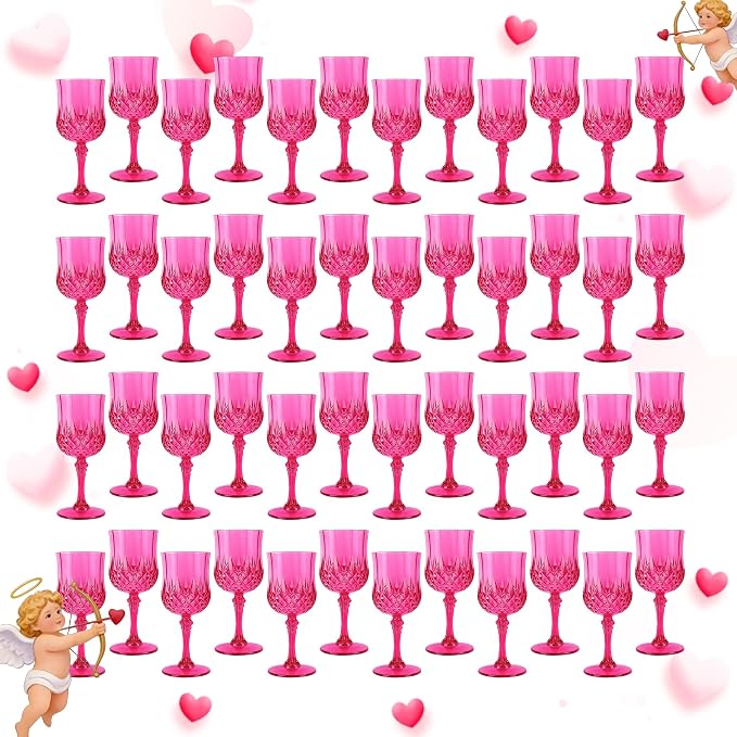 48Pack Plastic Wine Glasses, 7oz Vintage Goblets for Wedding | Unbreakable Crystal Style Reusable Stemware, Elegant Hot Pink Drinking Glass for Party Anniversary & Holiday Celebration