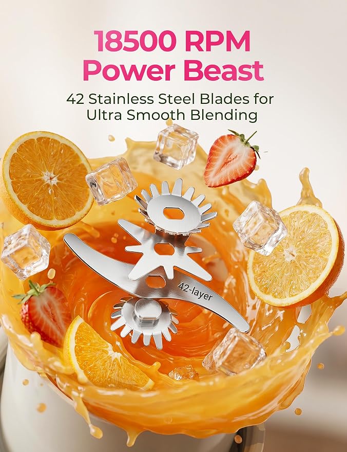 Portable Juicer Blender Cup, USB-C Rechargeable, Pink | LED display, cordless use and dual lids for fruit drinks, protein shakes and small ice cubes; 500ml max blending.