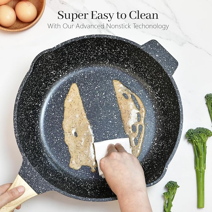 12-Inch Deep Frying Pan, Nonstick with Lid & Strainer, 6QT Granite Skillet, Induction/Gas Compatible, Includes Spatula & Sponge