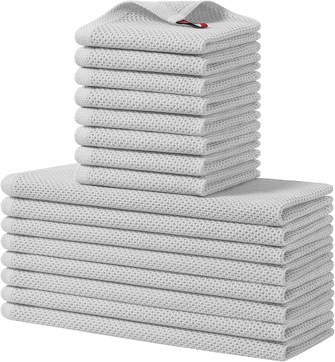 Homaxy 16 Pack 100% Cotton Kitchen Towels and Dishcloths Set, Light Gray | 12 x 12 Inches and 13 x 28 Inches Kitchen Towels Set, Ultra Soft Absorbent Dish Cloths for Washing Dishes