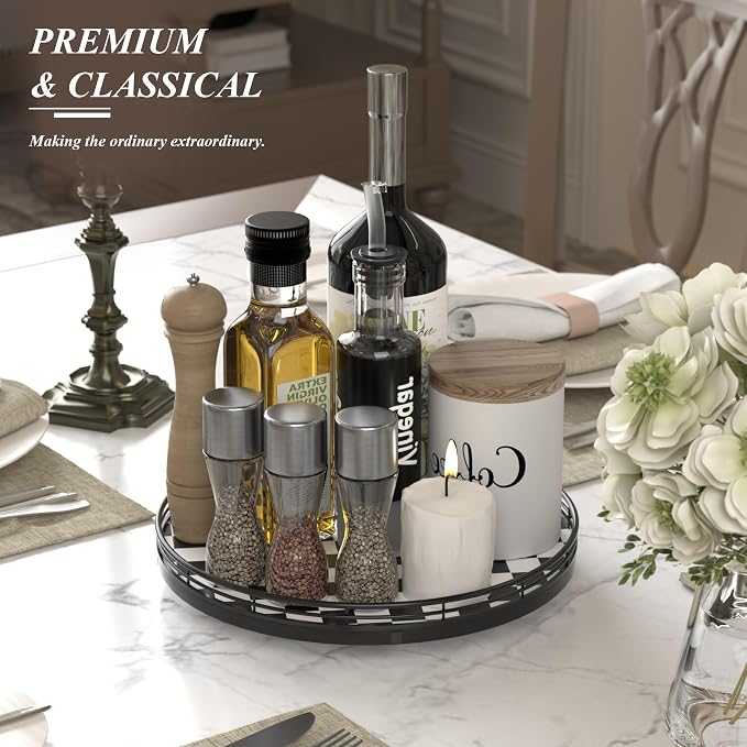 AMH 12 Inch Black and White Checkerboard Lazy Susan with Oak Wood Base | Smooth rotating oak tray with walnut finish for dining tables, kitchen counters, pantries and cabinet storage.