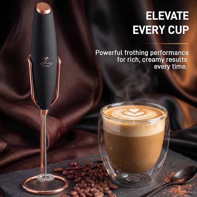 Zulay Kitchen Powerful Milk Frother Wand With Duracell Batteries - Ultra Fast Handheld Drink Mixer - Electric Whisk Foam Maker for Coffee, Lattes, Cappuccino & Matcha - Z1 Motor - Exec Black Copper