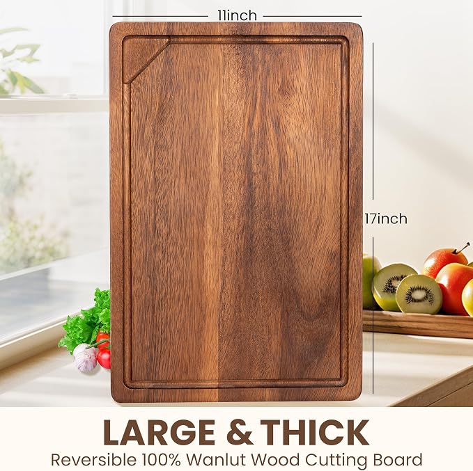 Fun Memories Black Walnut Cutting Board for Kitchen, Reversible Large Butcher Block Cutting Board Carving Board with Juice Groove & Concealed Handlers, 17"x11" (Gift Box)