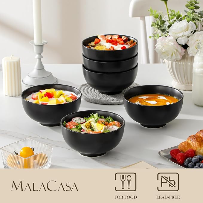 MALACASA 26 Oz Black Ceramic Bowls Set of 6,Cereal & Soup Bowl for Kitchen | Perfect for soup, cereal, ramen, rice, oatmeal & salad; Scratch-resistant ; stackable, microwave, oven & dishwasher safe