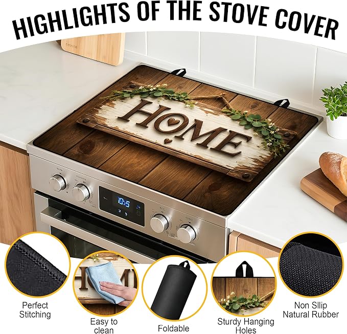 NYZE Extra Counter Space Stove Cover for Glass Top Stoves, 28" x 20" Rustic HOME Decorative Cooktop Protector, Heat Resistant Mat Pad for Kitchen Organization