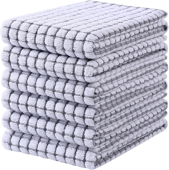 Mordimy Premium Cotton Kitchen Towels 16"x 25", Grey Check Design, 6 Pack | Super Absorbent Terry Kitchen Hand Towels, Large Natural Ring Spun 360 GSM Dish Towels, Soft Tea Towels with Hanging Loop