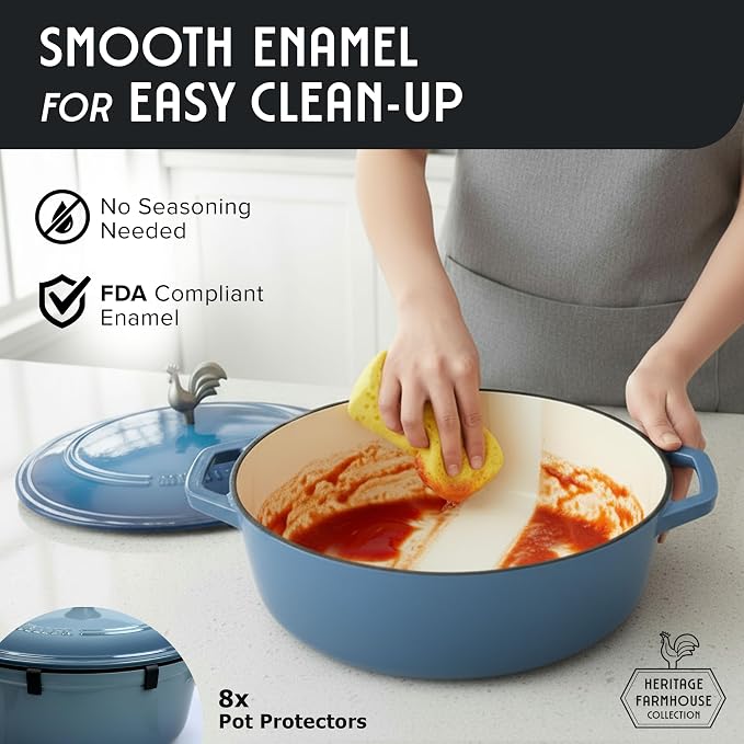 MUELLER HOME 5.5 Quart Enameled Cast Iron Oval Dutch Oven w Rooster Knob & Cotton Potholders, Heavy-Duty Cookware, Oven-Safe up to 500° F & Across All Cooktops, Gifts for Grandma & Women, Mineral Blue | w Rooster Knob & Cotton Potholders, Heavy-Duty Co...