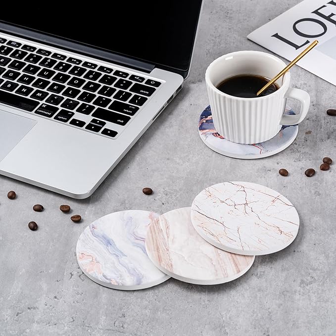 6Pcs Absorbent Coasters Set with Holder,Ceramic Drink Coaster,4 in（A3） | Marble Style Ceramic Drink Coaster,Suitable for Kinds of Cups,Modern Style Coaster for Coffee Table