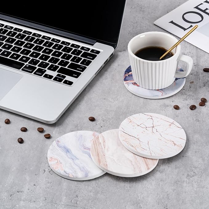 6Pcs Absorbent Coasters Set with Holder,Ceramic Drink Coaster,4 in（A6） | Marble Style Ceramic Drink Coaster,Suitable for Kinds of Cups,Modern Style Coaster for Coffee Table