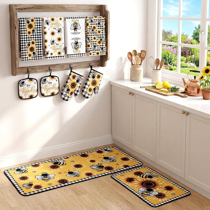 Fourluoo 10 Pcs Bee Kitchen Decor Set Kitchen Towels Rugs Oven Mitts and Pot Holders for Bee Festival Cooking Baking Grilling Gift