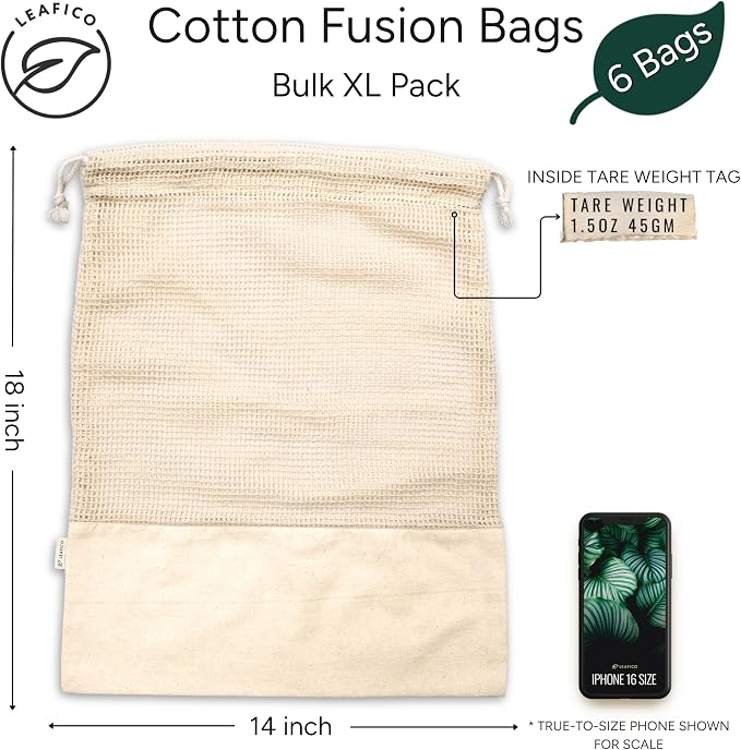 Reusable Produce Bags – 100% Cotton Mesh & Solid Hybrid (XL 14x18 inch 6 Pcs) – Extra Large Bags for Potatoes, Laundry, Toys, Bulk Storage – Washable, Plastic-Free, Breathable, Zero Waste