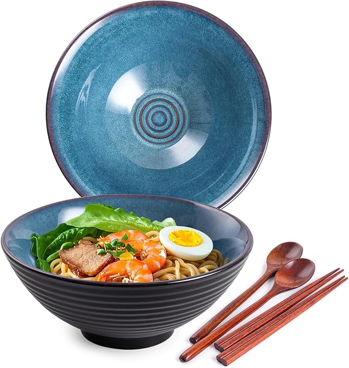 Ceramic Japanese Ramen Bowl Set, 2 Sets Asian Pho Udon Soup Noodle Bowls with Spoons and Chopsticks (Starry Blue, 8 inches)