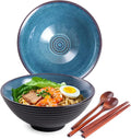 Ceramic Japanese Ramen Bowl Set, 2 Sets Asian Pho Udon Soup Noodle Bowls with Spoons and Chopsticks (Starry Blue, 8 inches)