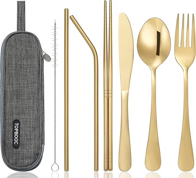 Portable Stainless Steel Flatware Set, Travel Camping Cutlery Set, Portable Utensil Travel Silverware Dinnerware Set with a Waterproof Case (Gold)