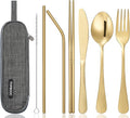 Portable Stainless Steel Flatware Set, Travel Camping Cutlery Set, Portable Utensil Travel Silverware Dinnerware Set with a Waterproof Case (Gold)