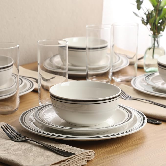 Gibson Home Hometown Diner 12-Piece Porcelain Dinnerware Set, Round Plates and Bowls Set for 4, White with Black Rim, Dishwasher Safe – Dinner Plate, Salad Plate & Cereal Bowl