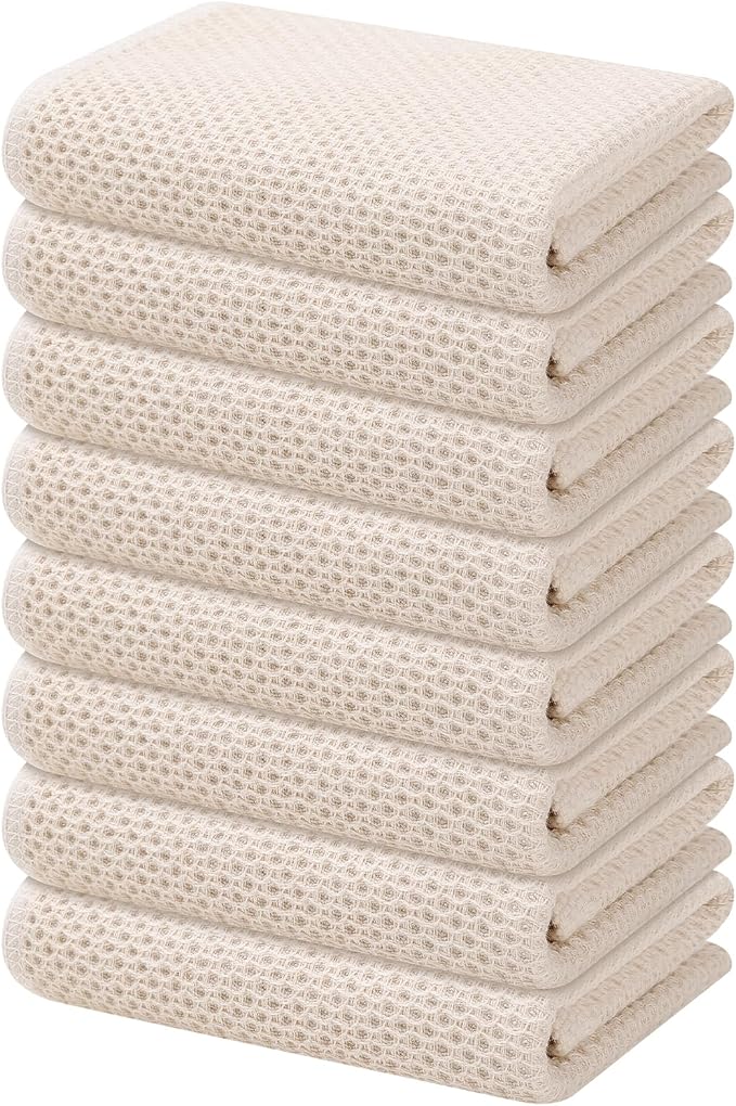Kitinjoy 100% Cotton Waffle 8-Pack Kitchen Towels, 13" x 28", Beige | Super Soft, Ultra-Absorbent, Fast Drying, lightweight, Quick Drying Kitchen Hand Towels
