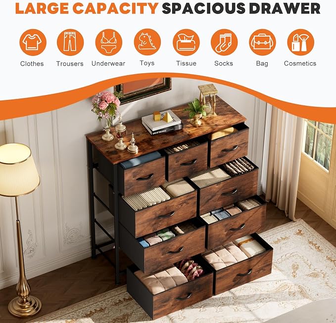 Sweetcrispy 9 Drawer Fabric Dresser Storage Tower Drawer Organizer, Brown | Sturdy Steel Frame with Wood-top, Easy-pull Handle, Space-Saving Organizer Chest for Bedroom, Closet, Lightweight and Stable