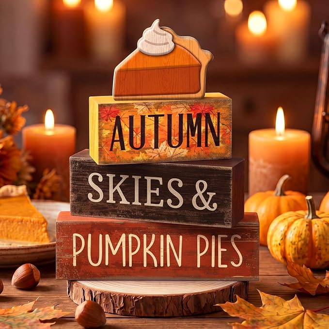 Lineshading 3 Pcs Fall Table Decor, Pumpkin Pie Wood Block Sign Home Tray | Pumpkin Pie Slice Wood Block Sign, Fall Harvest Tiered Tray Centerpiece, Rustic Autumn Home Decor, Kitchen Shelf Display