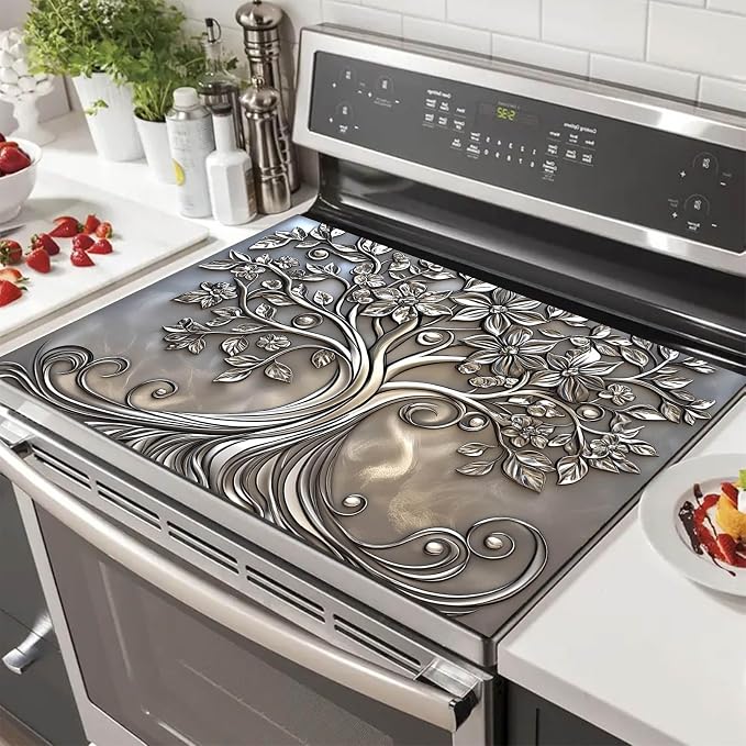 HOMETITUTE Silver Floral Tree Stove Top Cover 28x20 Embossed Diatomite Mat