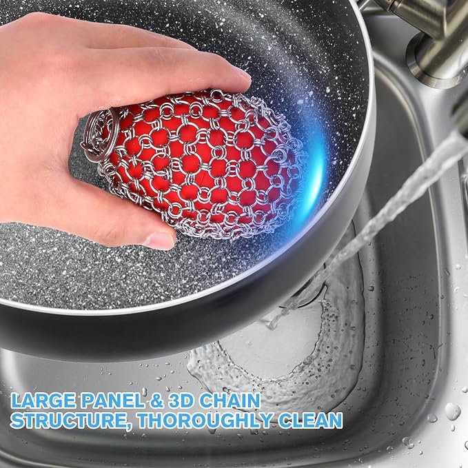 Cast Iron Scrubber Chainmail Set – 316 Stainless Steel Dish Scrub Brush for Cast Iron Skillet Pan Cleaner, Dutch Oven, Wok & Non-Stick Cookware | Dishwasher Safe – 2Pack